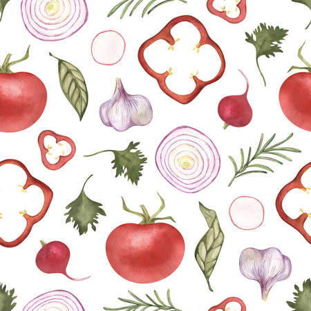 Seamless pattern. Watercolor vegetables with paint splatter. cucumber, salad, tomato, organic, avocado, leaves. Hand drawn Illustrations. on white background. For restaurant, kitchen, textile, fabric.の写真素材
