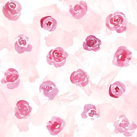Watercolor botanical seamless pattern pink flowers. Hand drawn rose. Floral elements. For birthday, wedding card, invitation, greeting, mother day, linen, wrapping paper, wallpaper, textile.の写真素材
