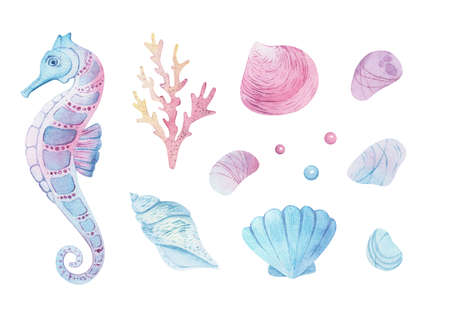 Sea animals set. Blue watercolor ocean fish and coral. Shell aquarium background. marine...