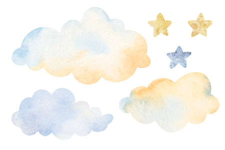 Watercolor clouds, moon, stars, decorative elements. Watercolor illustrations clip art for nursery decorations. For t-shirt print, wear fashion design, baby shower, kids cards, linens, wall stickers.の写真素材