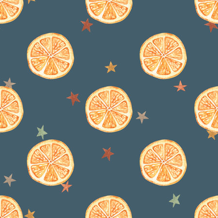 Watercolor Christmas seamless pattern with orange fruit. Hand made holiday background with stars. Design, cards, wallpaper, posters, fabric, textile, wrapping paper.の写真素材