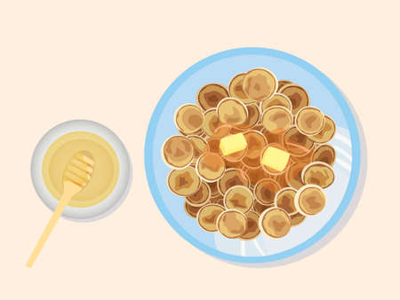Mini pancake flakes with butter and honey for breakfast on the table. Tiny pancakes, a new food trend during isolation from Covid-19. View from aboveのイラスト素材