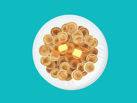 Mini pancake flakes with butter and honey for breakfast on the table. Tiny pancakes, a new food trend during isolation from Covid-19.  View from aboveのイラスト素材