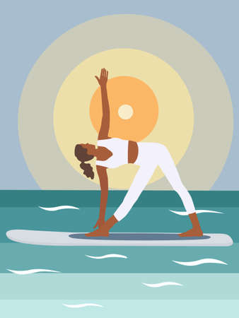 A black woman does stand-up rowing sup yoga on a paddle Board on the water by the sea. Stand Up Paddle Yoga Workoutのイラスト素材