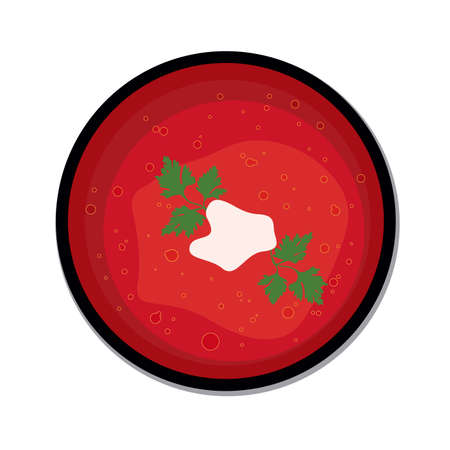 Vector illustration of plate of borsch soup. Ukrainian traditional cuisine. Isolated on light background. Bowl of tasty red soup on white backgroundのイラスト素材