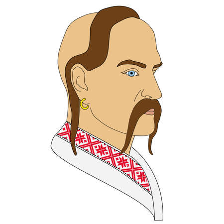 Ukrainian kozak icon set in flat and line style. Cossack symbol. Vector illustration.Man head with mustache in round shape. Male avatar in Ukrainian flag. isolated on white.の写真素材