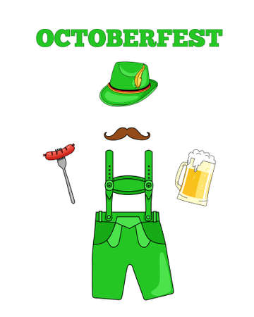 Oktoberfest beer festival set. Beer mug, sausage, Tyrolean hat, pretzel, traditional clothes, accordion, flags, barrel, hops. Illustration or poster for a holiday.のイラスト素材