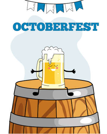 Oktoberfest beer festival set. Beer mug, sausage, Tyrolean hat, pretzel, traditional clothes, accordion, flags, barrel, hops. Illustration or poster for a holiday.のイラスト素材