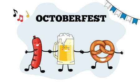 Oktoberfest beer festival set. Beer mug, sausage, Tyrolean hat, pretzel, traditional clothes, accordion, flags, barrel, hops. Illustration or poster for a holiday.のイラスト素材