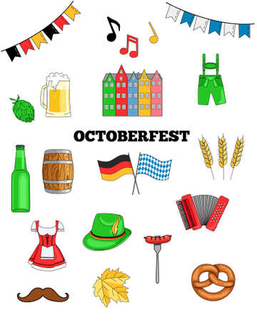 Oktoberfest beer festival set. Beer mug, sausage, Tyrolean hat, pretzel, traditional clothes, accordion, flags, barrel, hops. Illustration or poster for a holiday.のイラスト素材