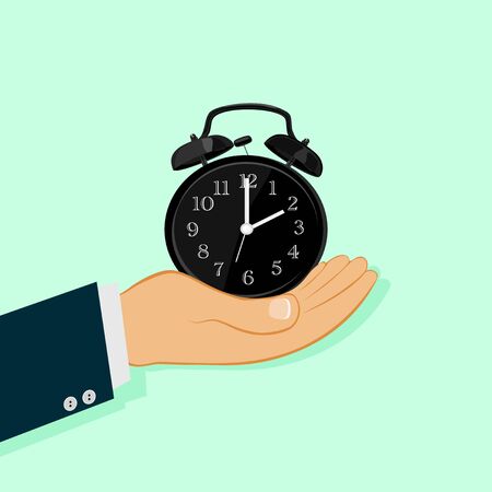Hand Holding Black Alarm Clock On green Backgroundのイラスト素材