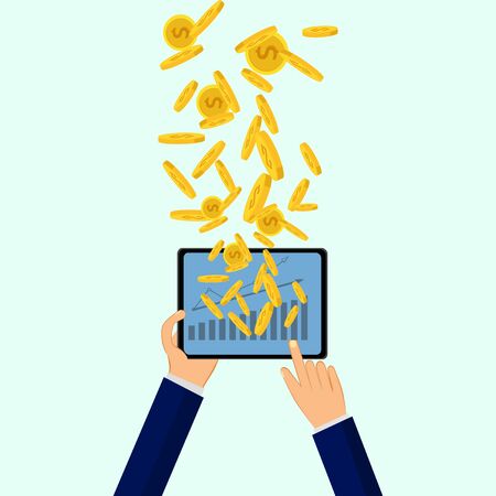 Tablet hands and money, ideas for making money online, how to play stocksのイラスト素材