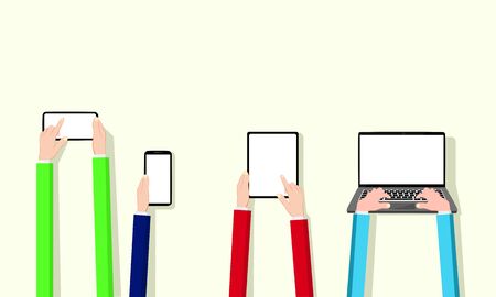 Hand businessman holding communication device marketing concept business network. Vector banner epsのイラスト素材