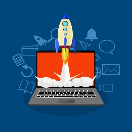 Vector illustration of laptop and rocket with icons in communication set Startup ideas epsのイラスト素材