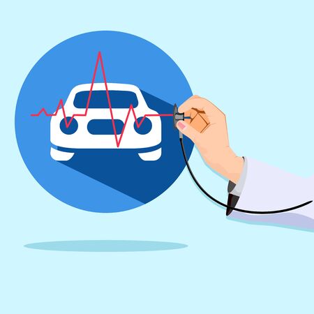 The car and the doctor hand is checking the condition of the car. Car care. Illustration epsのイラスト素材