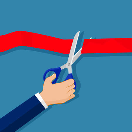 Human hand holding a pair of scissors and cut the red ribbon. Stock vector. Vector illustration epsのイラスト素材