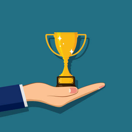 Trophy Cup on hand. Handing awards concept. Man holding a reward for awarding. bonus. Vector illustration epsのイラスト素材