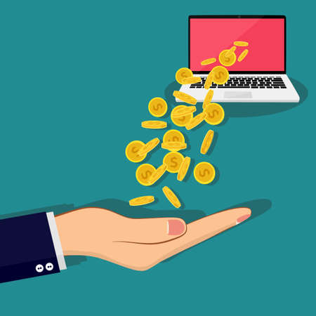 Investors receive money coming out of the laptop. Financial success. Salary Investing. Dividend Payment.のイラスト素材