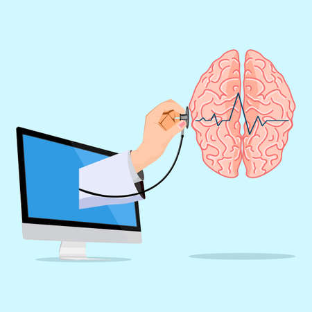 Psychology. emotion and psychotherapy concept. health treatment. hand human with brain symbol. vectorのイラスト素材