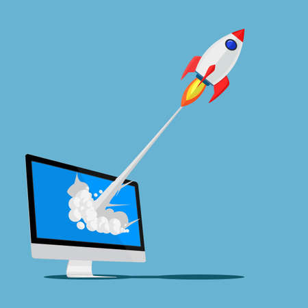 Rocket from the computer screen. Vector Illustration. Concept of business start-up. epsのイラスト素材