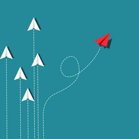 The red paper plane flies in a different way than the white paper plane. Think differently. business concept.のイラスト素材