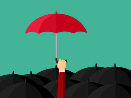 business Man holding a red umbrella among people with black umbrellas. Standing out. Difference concept.のイラスト素材
