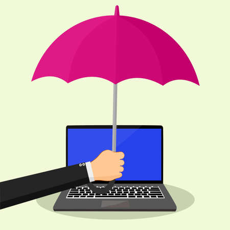 hand with umbrella protect the laptop with data .Data protection concept. vector illustration.のイラスト素材