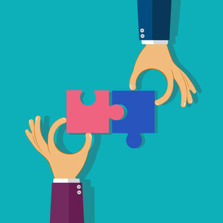 Hands putting jigsaw puzzle pieces. Teamwork business and problem solution concept. vector