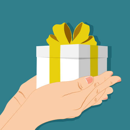 White box gift with golden ribbon. Gift box in hand. To be surprised. vector illustration epsのイラスト素材