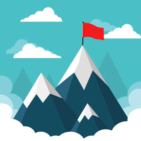 Landscape with flag on the mountain. Success concept. Overcoming difficulties. illustrationのイラスト素材
