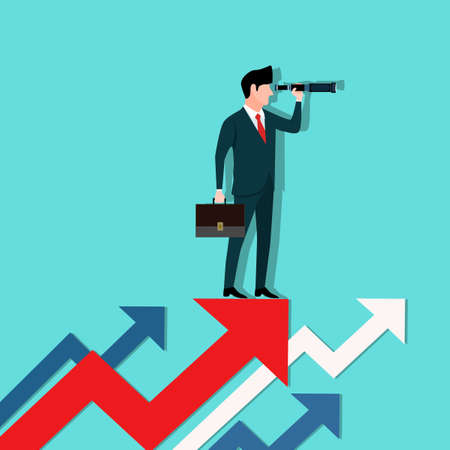 upward arrow and a businessman looking forward through the telescope. A symbol of successのイラスト素材