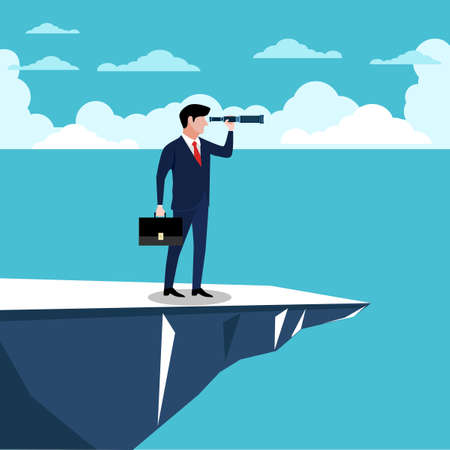 Visionary leadership concept with businessman looking through telescope from a cliffのイラスト素材