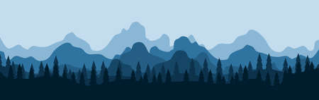 beautiful dark blue mountain landscape with fog and forest. Vector illustrationのイラスト素材