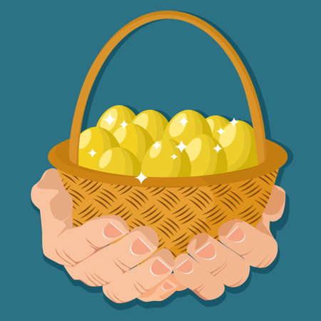 Hand holding a basket of golden eggs. Vector illustrationのイラスト素材