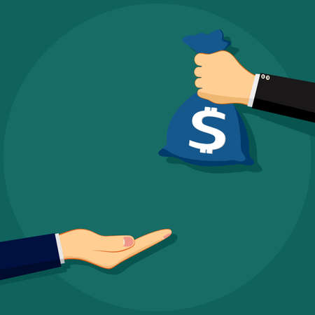 Human hand gives money bag to another person payment. vector illustration epsのイラスト素材