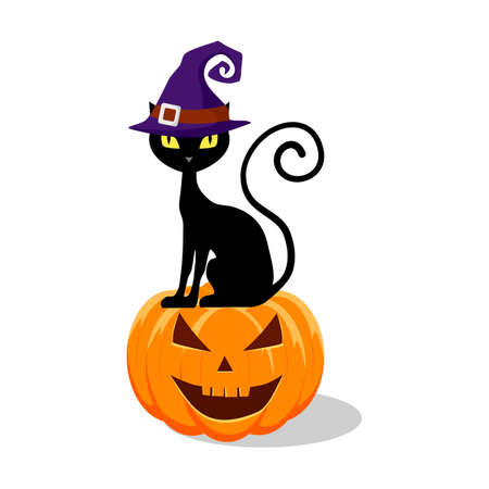 black cat in a witch hat sitting on a Halloween pumpkin. vector illustration epsのイラスト素材