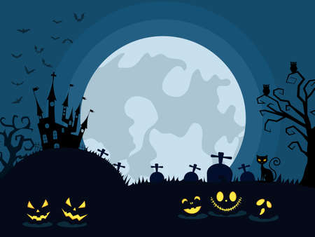 Halloween pumpkins and dark castle on Moon background. Website spooky or banner template vectorのイラスト素材