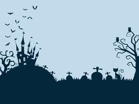 silhouette of dark castle and cat. Website spooky or banner template. vector epsのイラスト素材