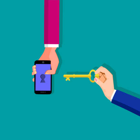 People use keys to unlock smartphones. Unlocking  for smartphones concept vectorのイラスト素材