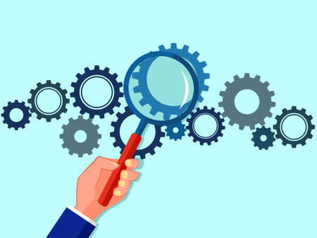 Hand with a magnifying glass and cog. Search ideas System detection and analysis vectorのイラスト素材