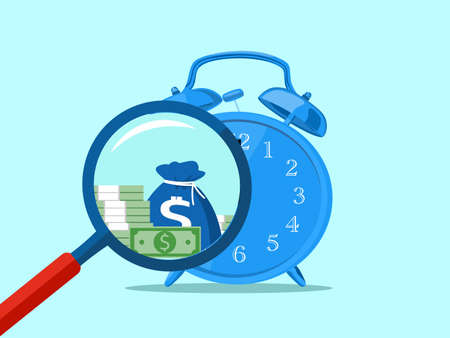 Magnifying glass and clock. The concept of time is the most valuable asset vectorのイラスト素材