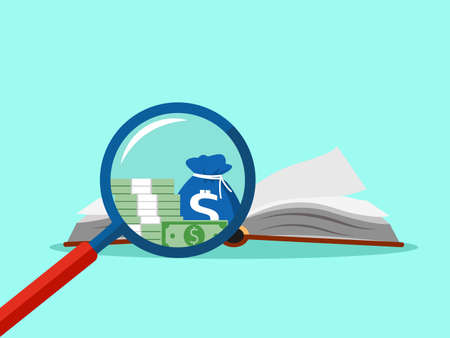Magnifying glass and books. The concept of a book or knowledge is a resource vectorのイラスト素材