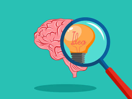 The light bulb in the magnifying glass and the human brain. Brain born an idea vectorのイラスト素材