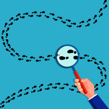 The magnifying glass detective is following in the black footsteps. Vector illustration epsのイラスト素材