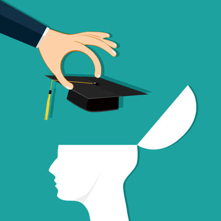 Hands put a graduation hat into the human head. Educational advice until successful completion vectorのイラスト素材