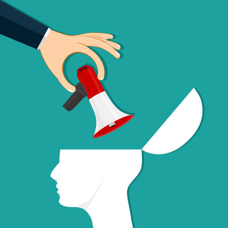 Hand placed a megaphone on the human head. Providing marketing advice. Vector illustration epsのイラスト素材