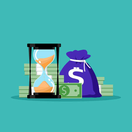 Hourglass and a pile of money. The concept of time and money. Vector illustration