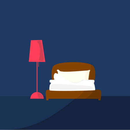 Bedroom at night with a bed and a lamp. Vector illustrationのイラスト素材