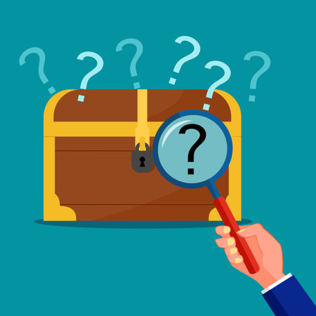 Use a magnifying glass to look at the treasure chest. Solving puzzles in treasure chests. vectorのイラスト素材