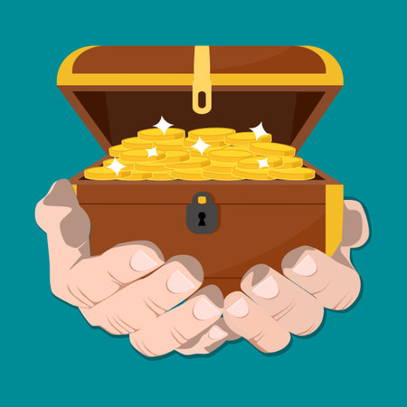 A hand holding a treasure chest. a lot of money. Isolated on white background. vectorのイラスト素材